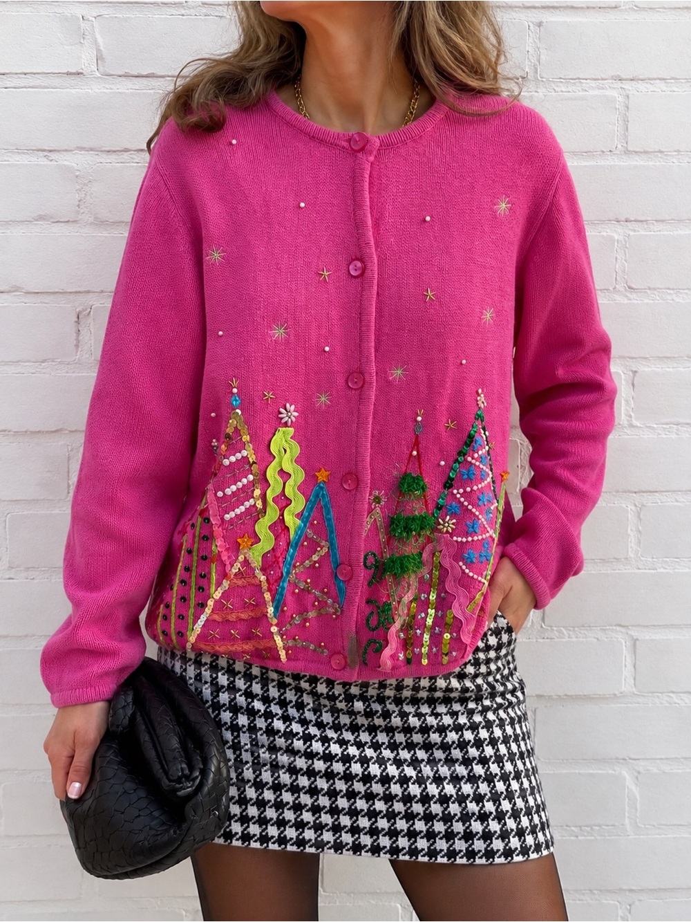 Vintage K.B. Collections Pink Christmas Cardigan Ramie Cotton Sequin Beaded M